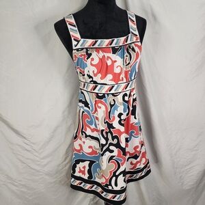 BCBGMAXAZRIA Size Petite Medium‎ Multicolored Filigree Pattern Square Neck Dress